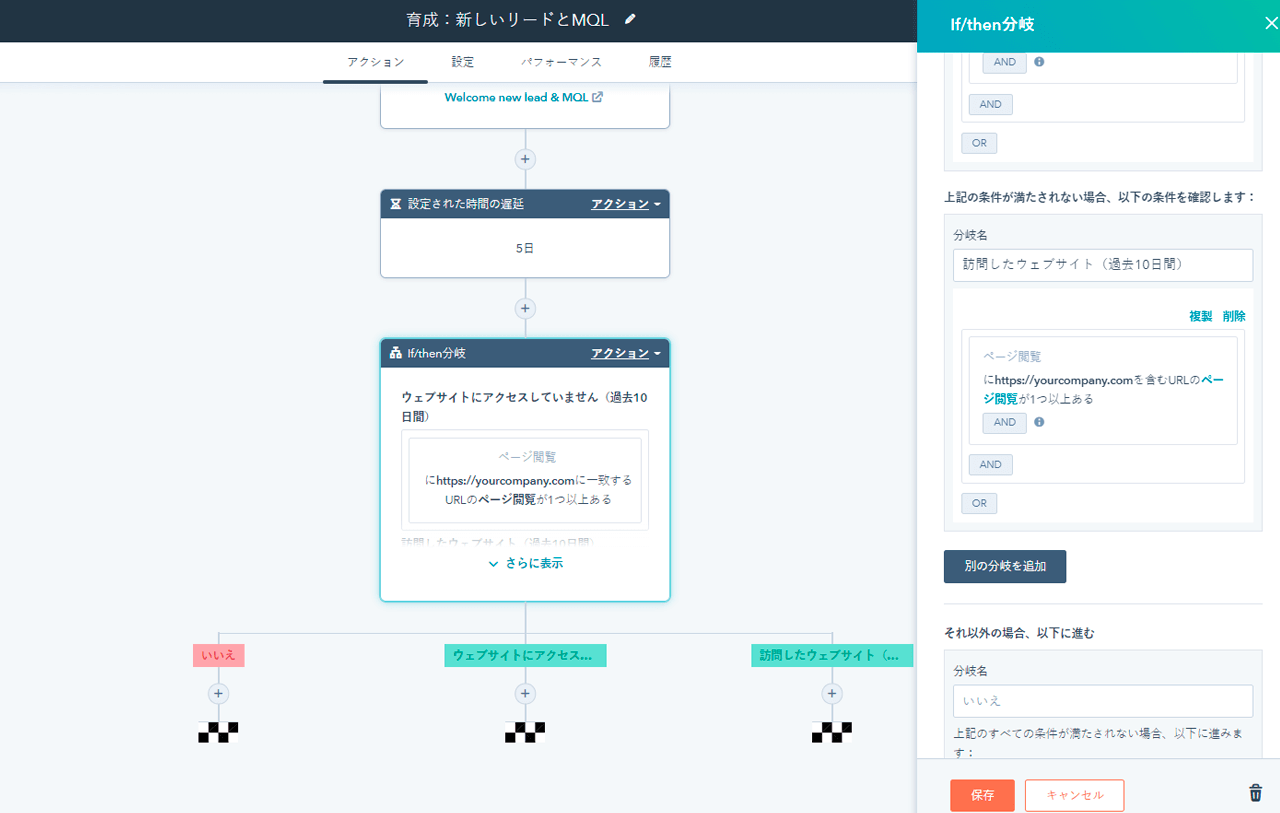 HubSpotのマーケティング オートメーション ソフトウェアのワークフローへのif/then分岐追加オプションの画面 