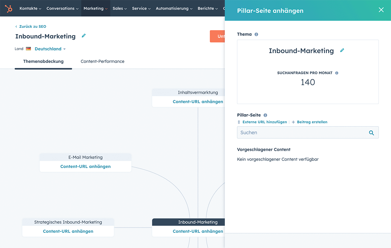 Pillar-Seite und Themenmanagement-Benutzeroberfläche der SEO-Software von HubSpot
