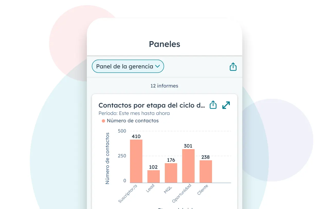 Imagen de la aplicación móvil de HubSpot donde se muestra el panel de analíticas.