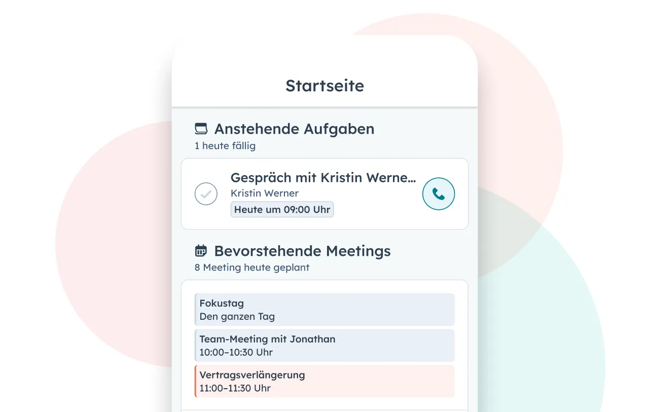 Anstehende Aufgaben und Meetings in der Mobile-App von HubSpot