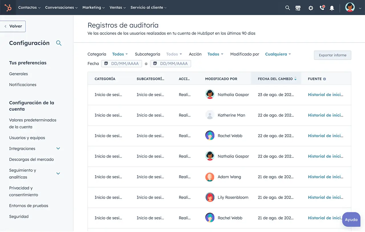 Captura de pantalla del producto de HubSpot que muestra cómo se puede acceder a los registros de auditoría y elaborar informes sobre las acciones que se producen en las cuentas de los usuarios