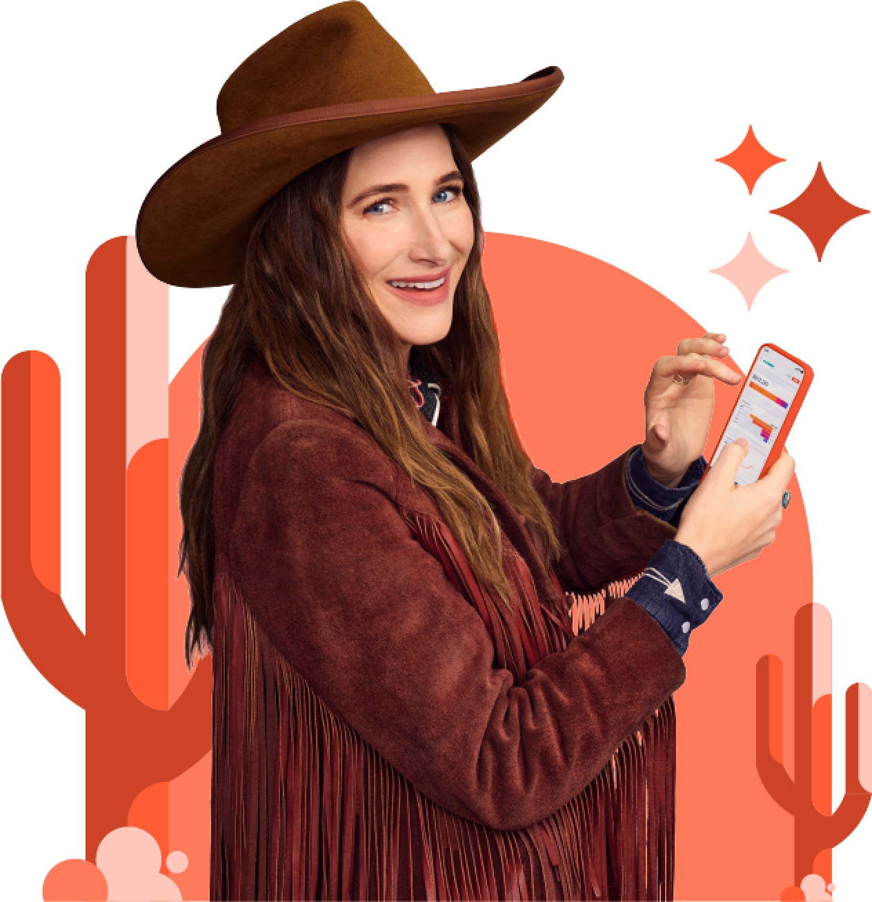 Kathryn Hahn, dressed as a western outlaw, holding mobile phone with HubSpot CRM mobile app UI, with cacti behind her