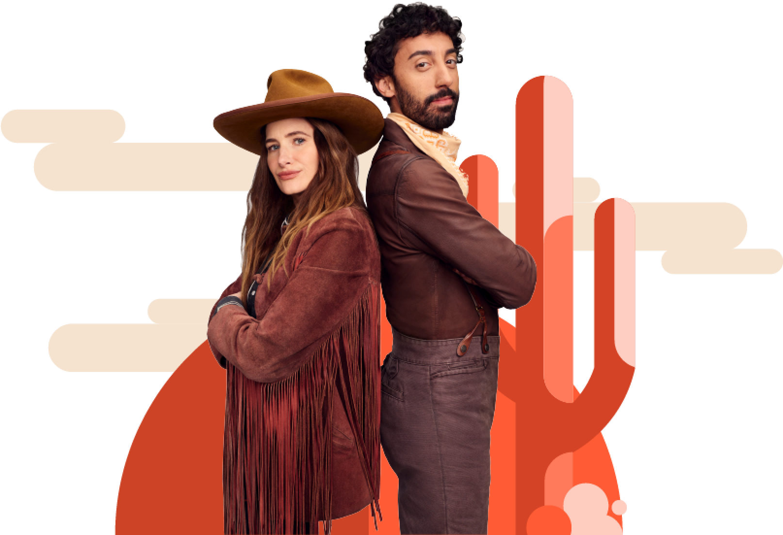 Kathryn and Marcel, dressed as western outlaws, standing back to back as a team, with a cactus and clouds behind them