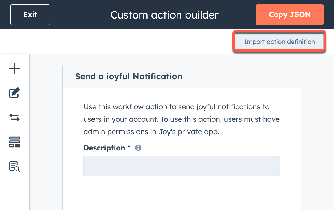 Navigate to custom workflow action builder in developer account