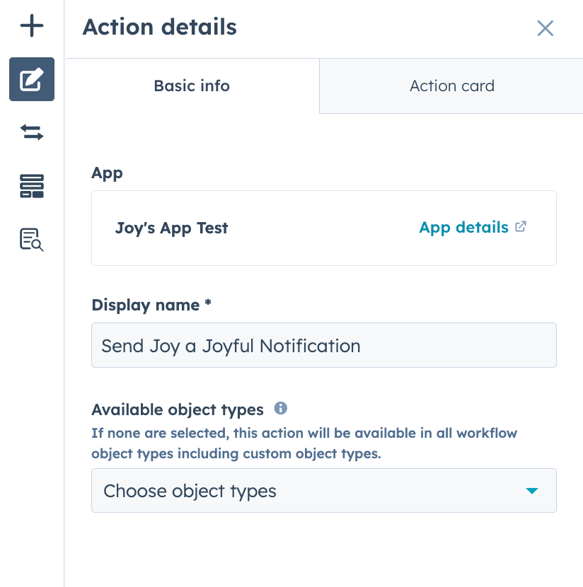 Set up basic info for action details in custom workflow action builder