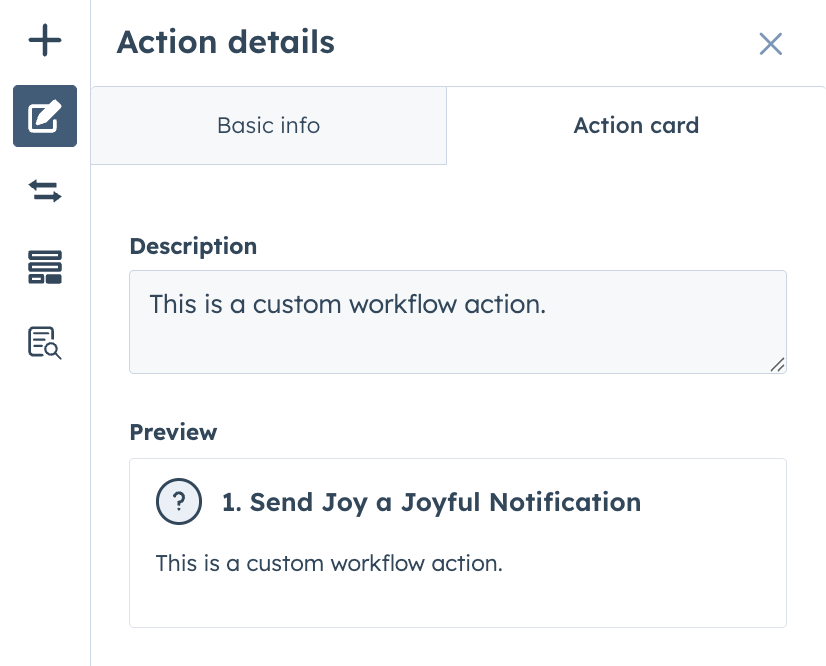 Provide description for action card in custom workflow action builder