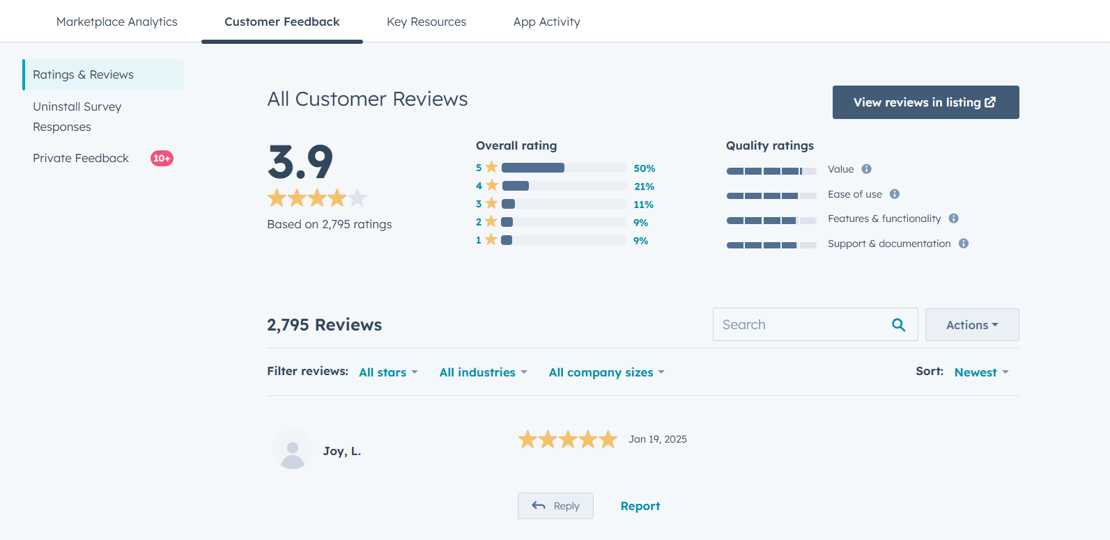 Screenshot of the Customer Feedback tab