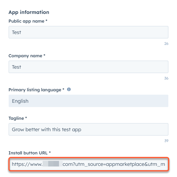 Screenshot of the Install button URL field