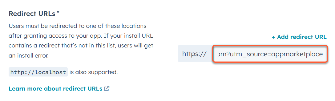 Screenshot of the Redirect URL field