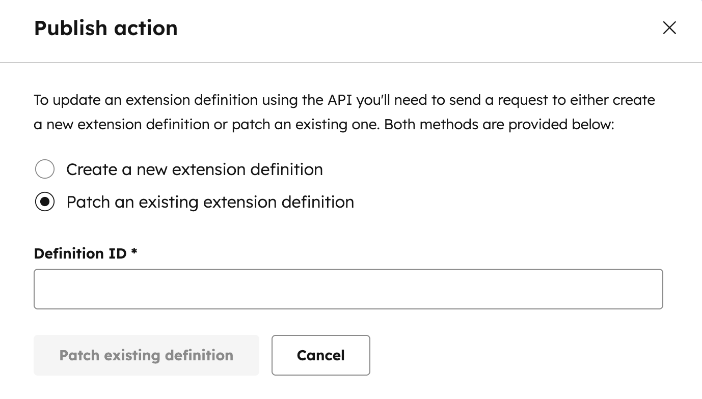 Screenshot of the publish action dialog box