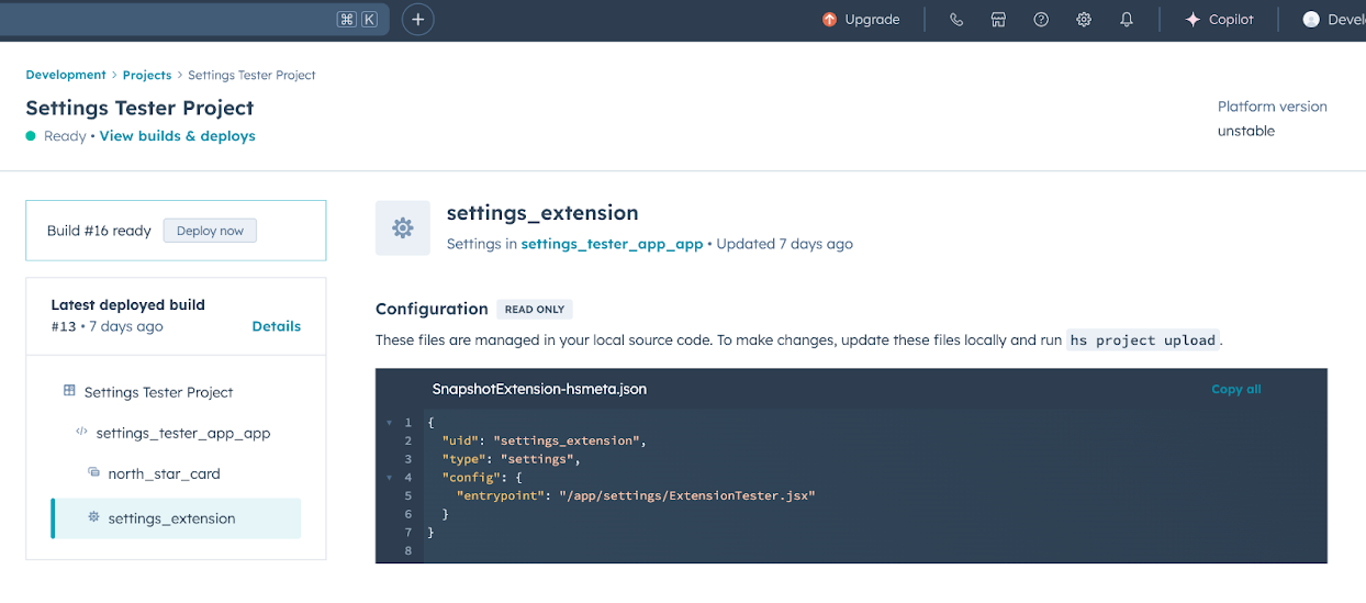 Uploaded settings component on project details page
