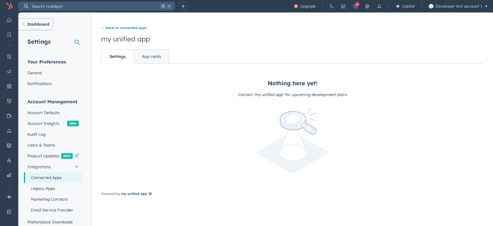 État vide pour le composant Paramètres de base dans le compte de test