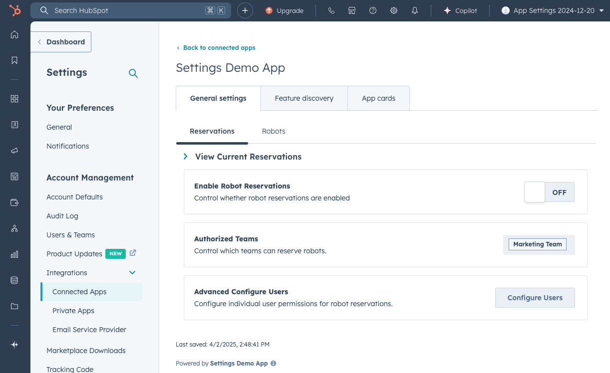 Example of nested tabs on settings page