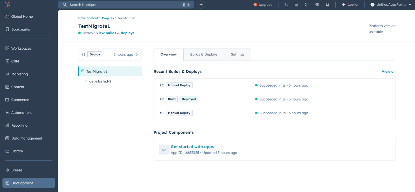 Details page for migrated app in projects view
