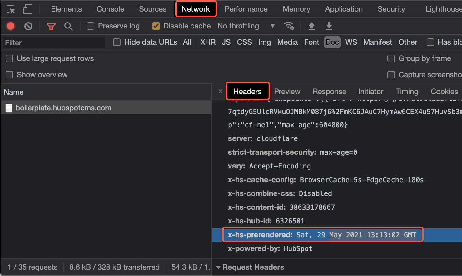 chrome network tab showing prerendered header