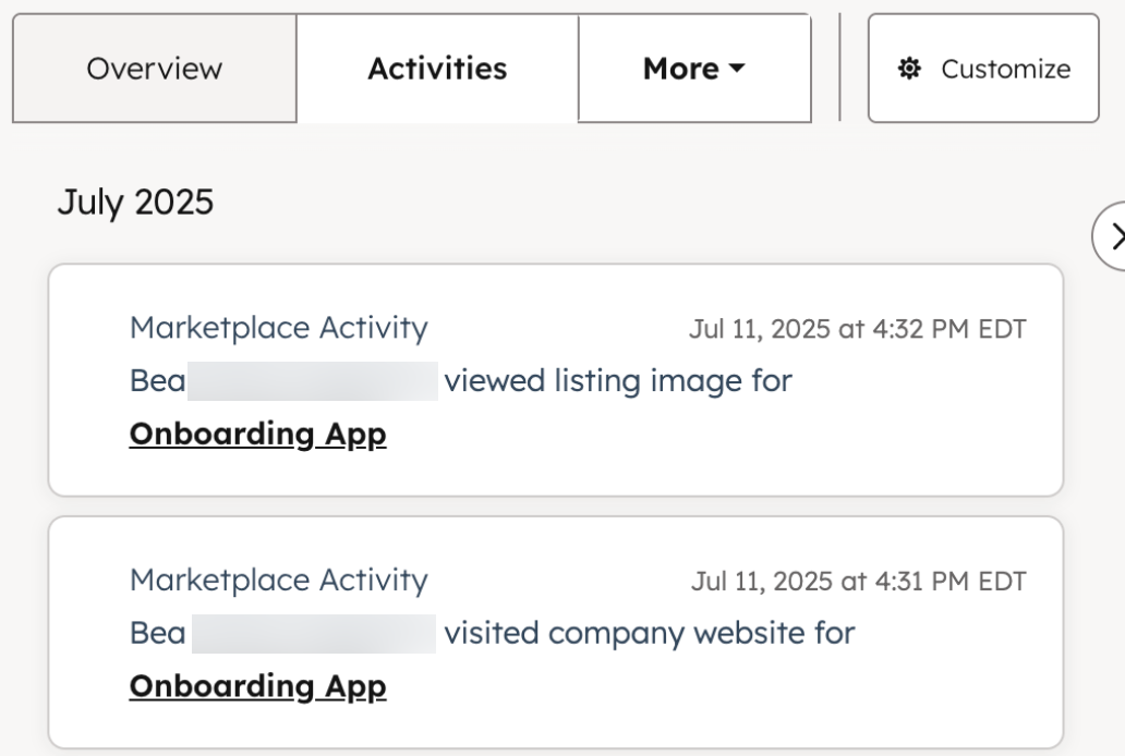 Review contact interactions with app listing on timeline