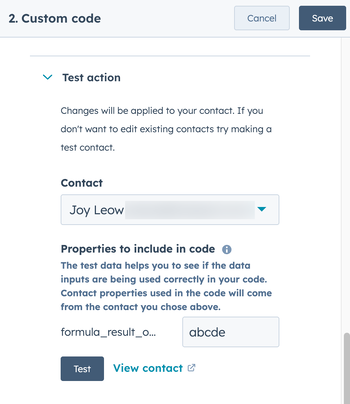 test custom code action
