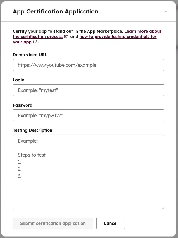 App certification application dialog box