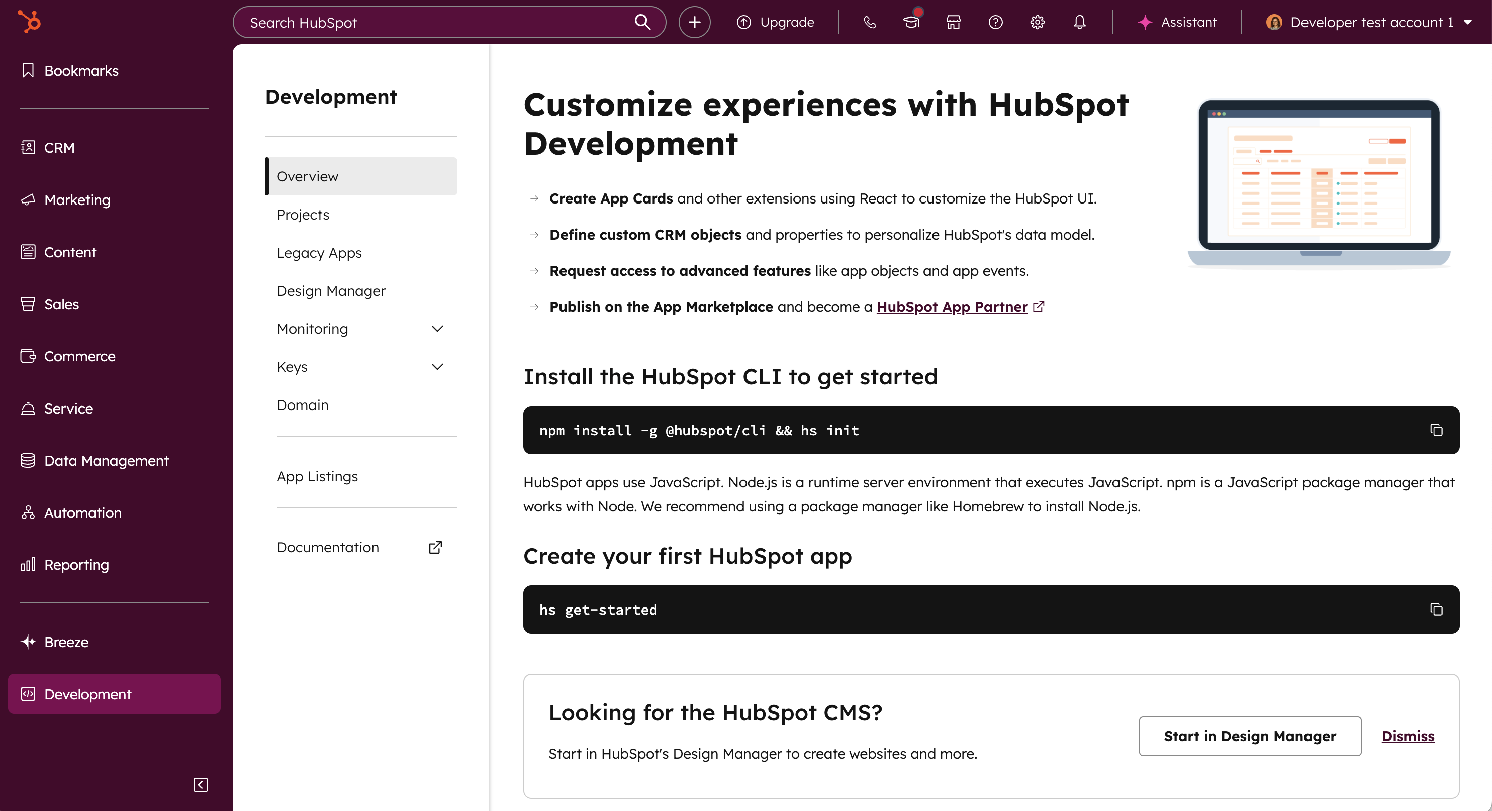 Review the tools and options available on the new developer overview page