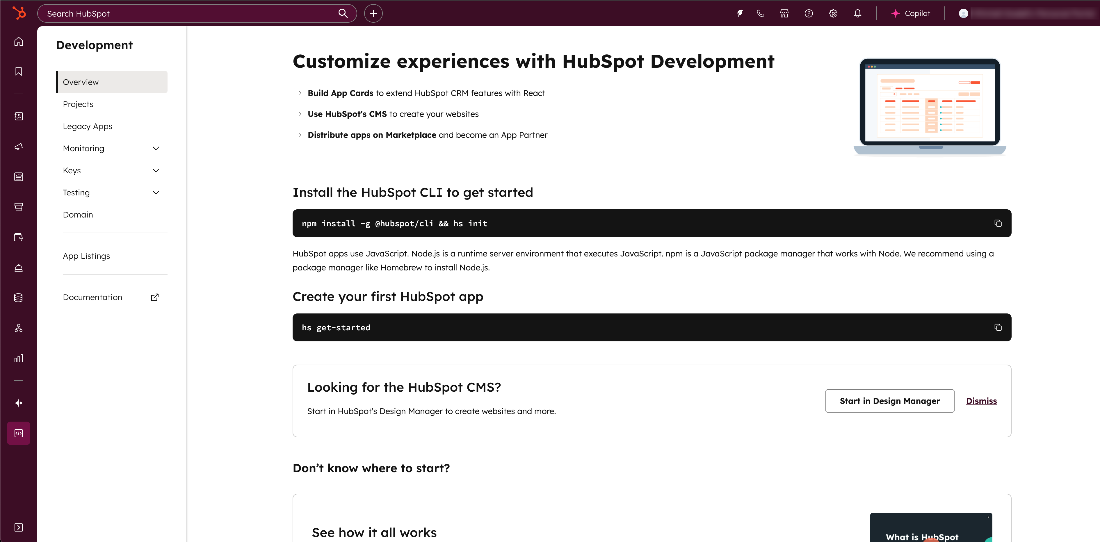 Review the tools and options available on the new developer overview page