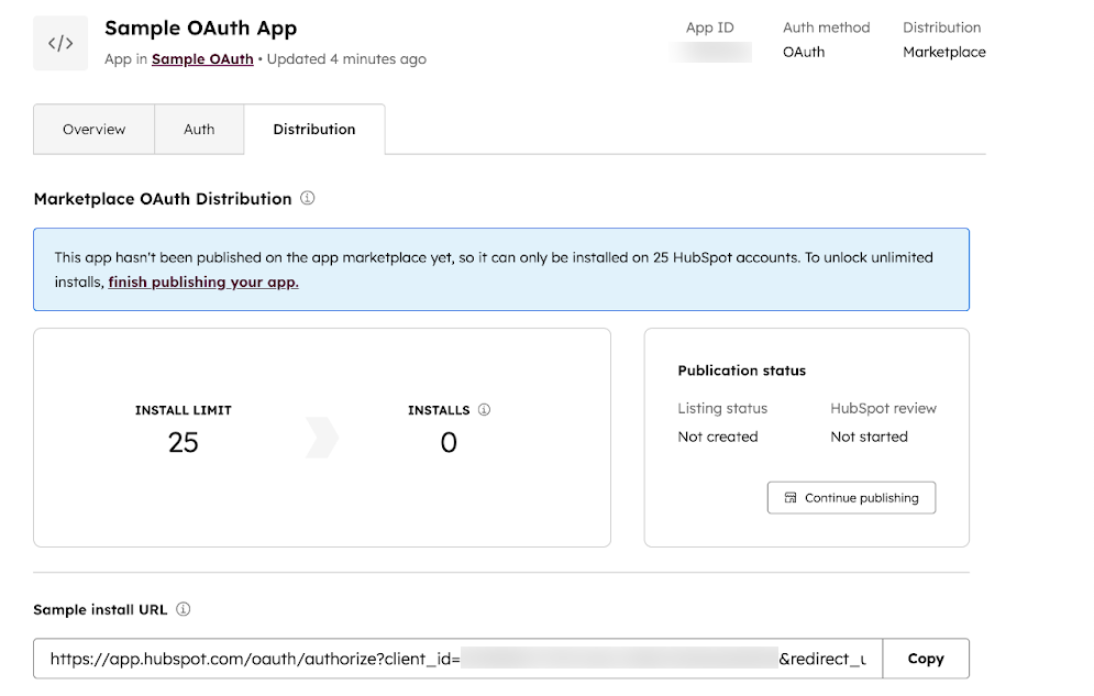 Unlisted OAuth marketplace app distribution settings
