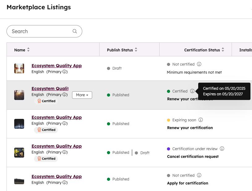 Apply for certification on app listing page
