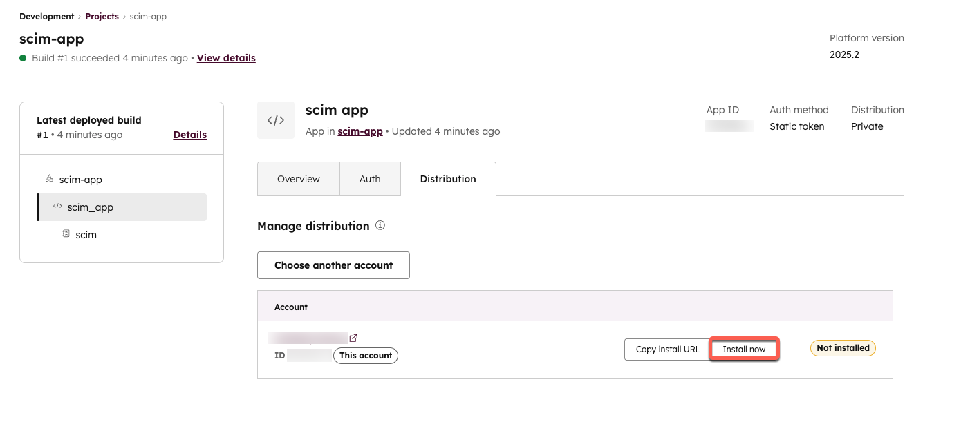 Install app within project details page in HubSpot