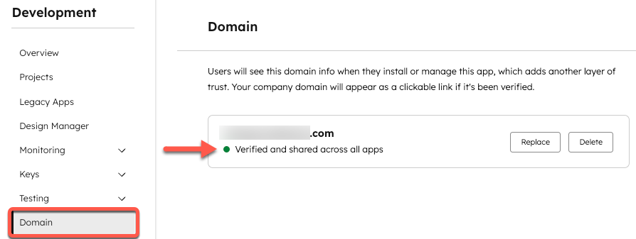 Successfully verified app domain within domain details page
