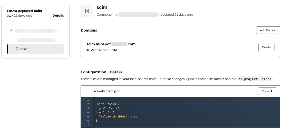 Verified domain on SCIM component details page