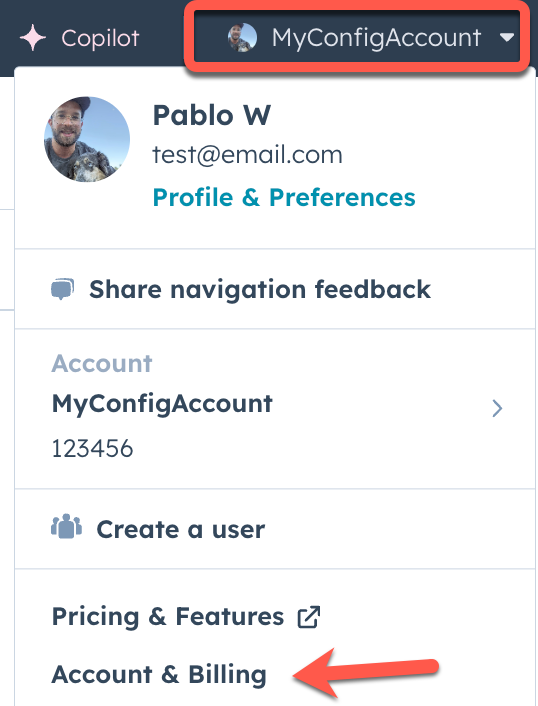 Screenshot showing the Account & Billing menu item in the top-right account name menu