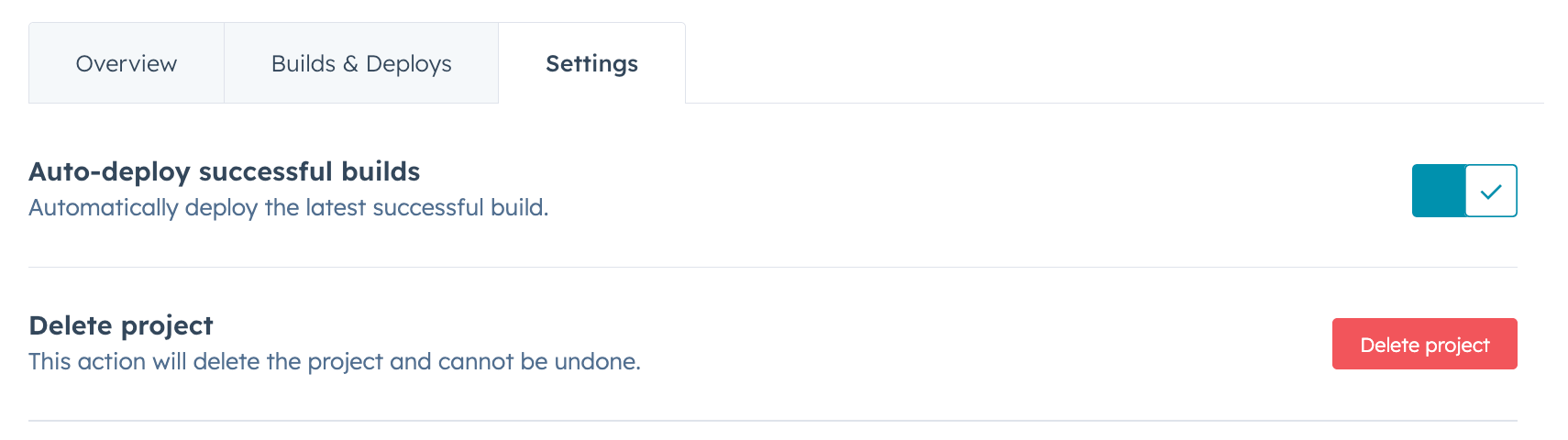 Screenshot of the project settings tab