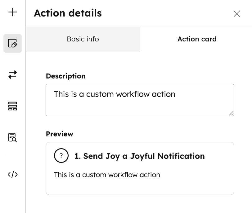 Provide description for action card in custom workflow action builder