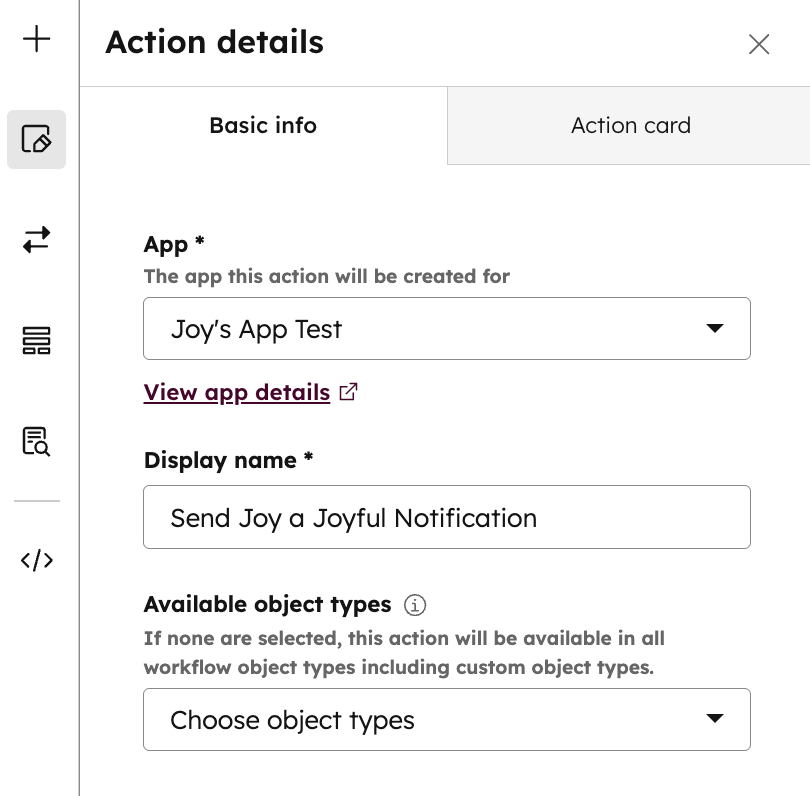 Set up basic info for action details in custom workflow action builder