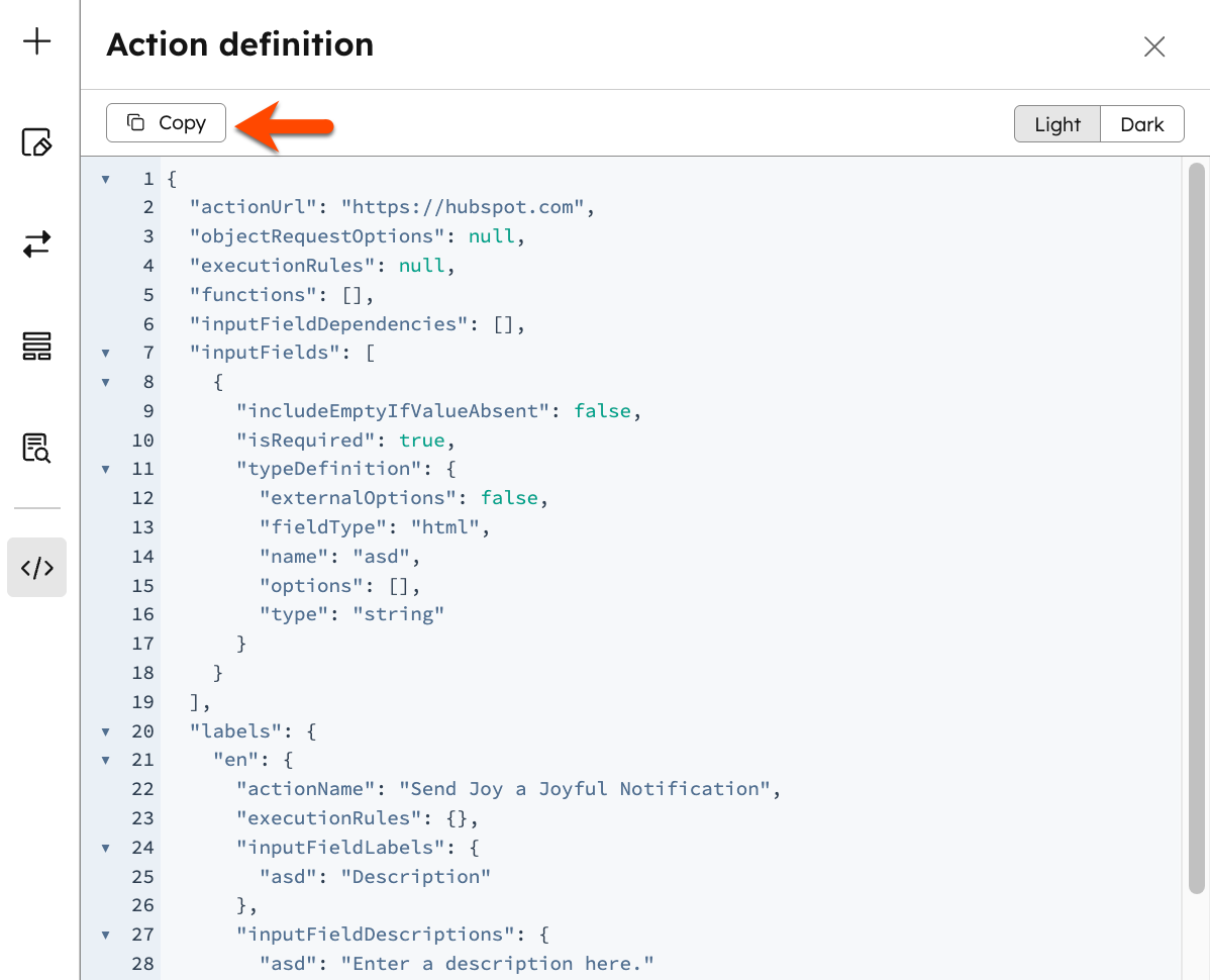 Screenshot of the action definition button in the left sidebar of the custom action builder
