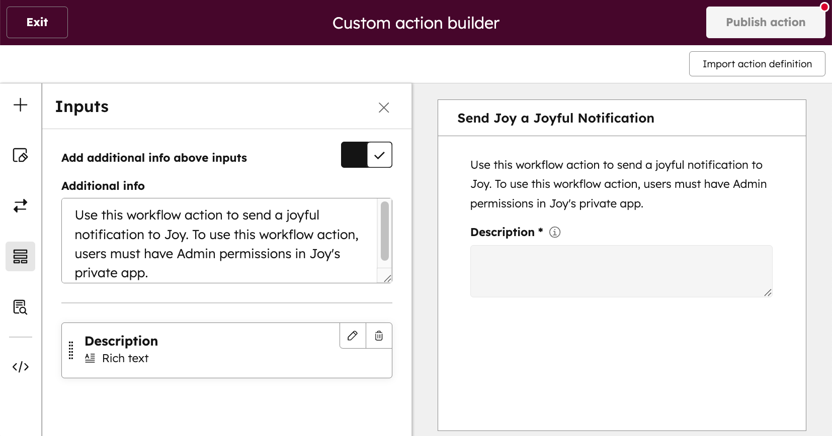 Manage inputs for action