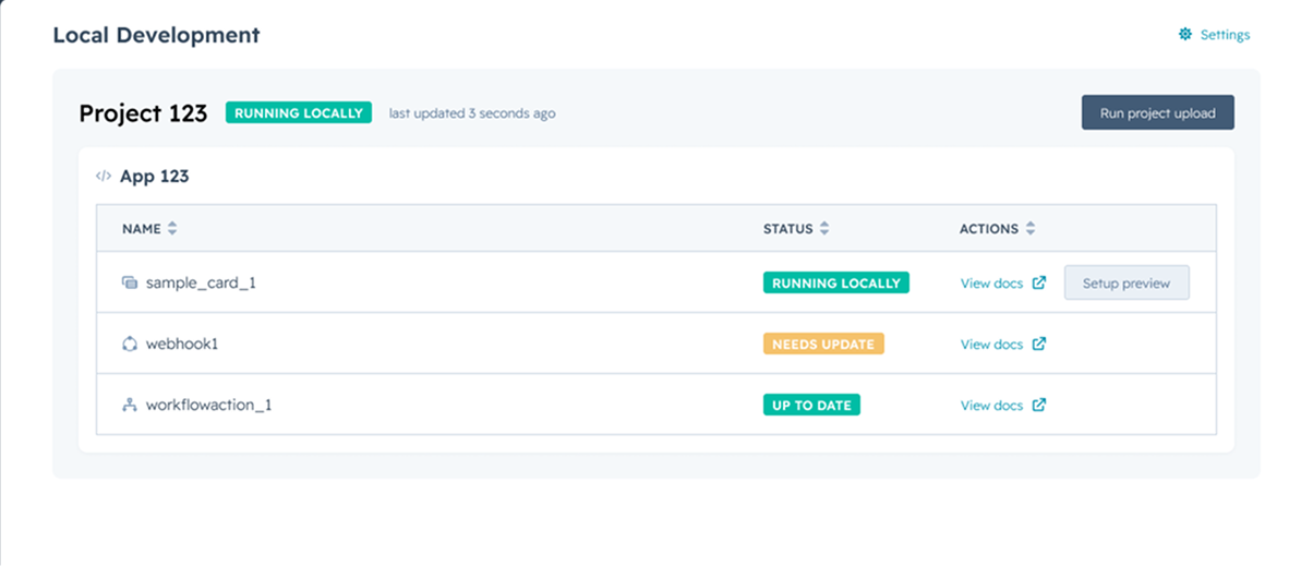 Screenshot showing the local development homepage