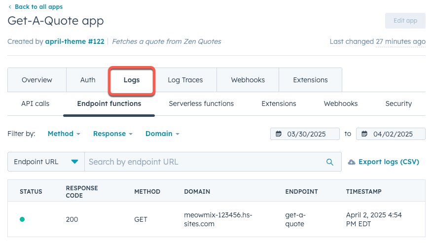 In-app serverless function logs screen