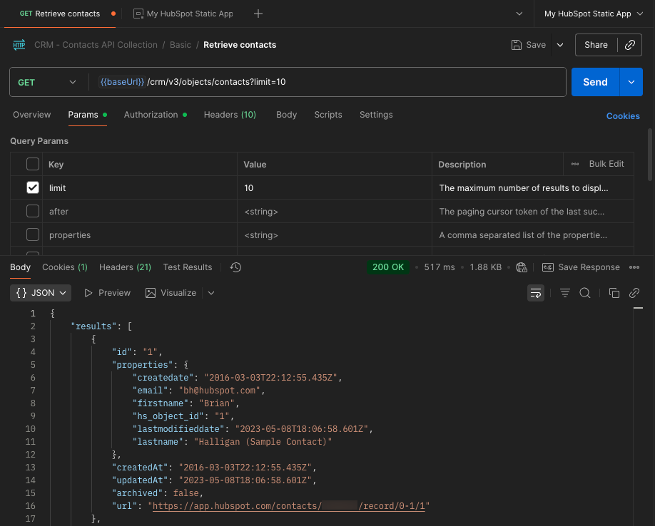 Example of successful API request made via Postman