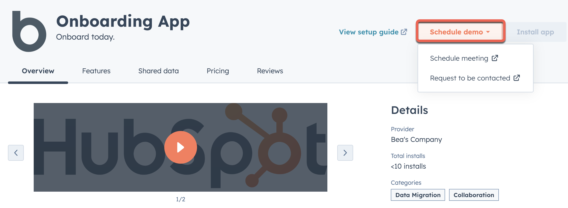 Dropdown menu in the app listing for scheduling demos