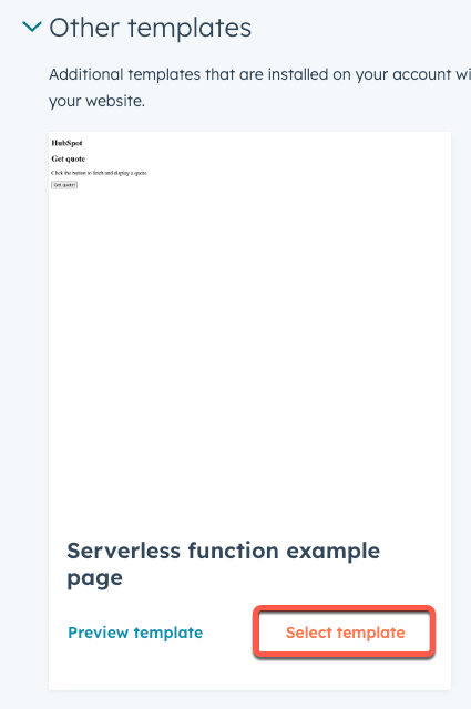 Other templates section showing the newly created page template