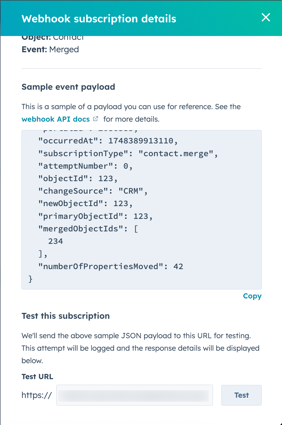 Test webhook subscription in private app settings