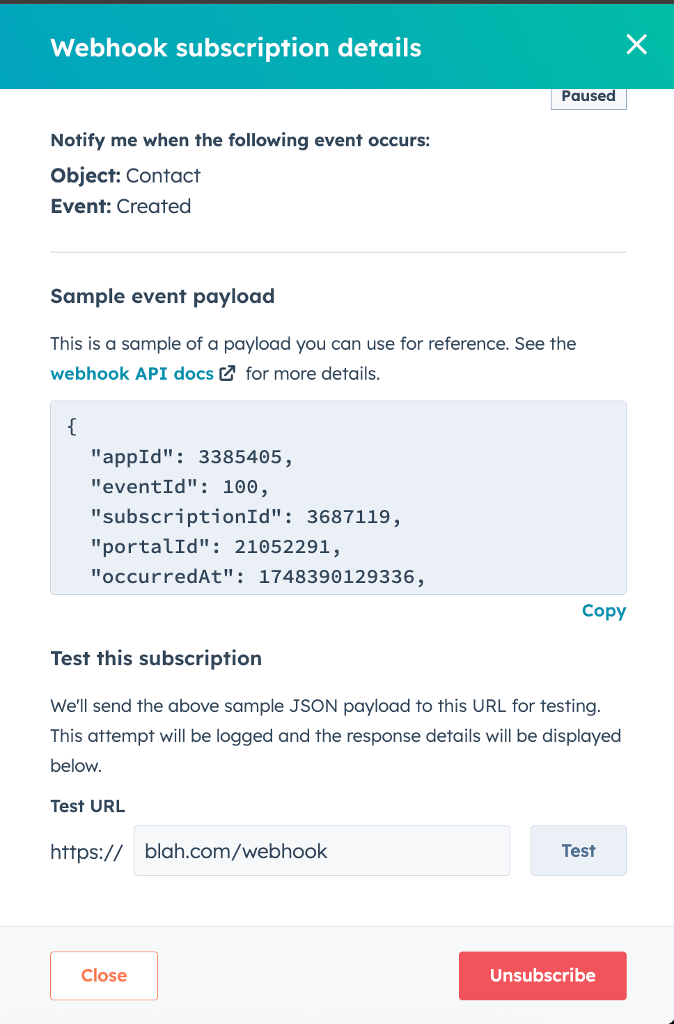Test webhook subscription in public app settings