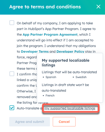 supported localizable listings visible in the dialog box by hovering