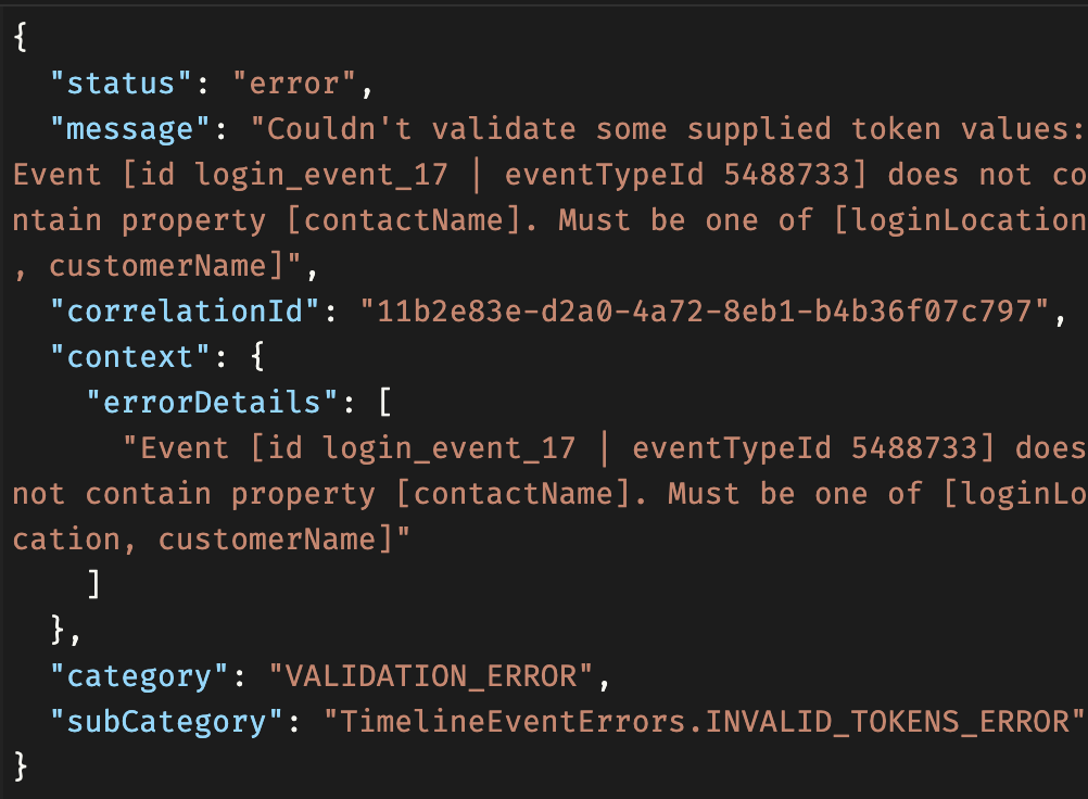 Screenshot of an example error message you might receive when sending event occurrence data