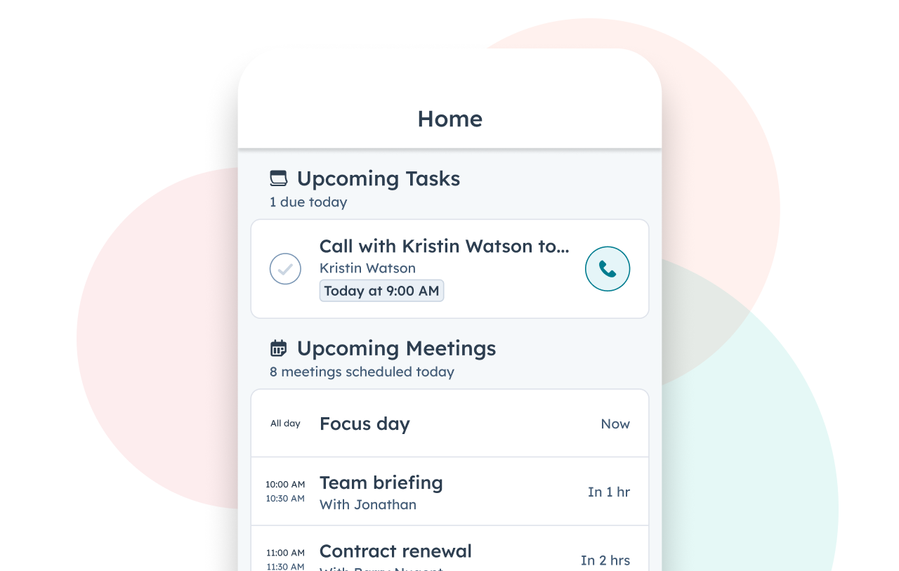 HubSpot mobile app showing upcoming tasks and meetings