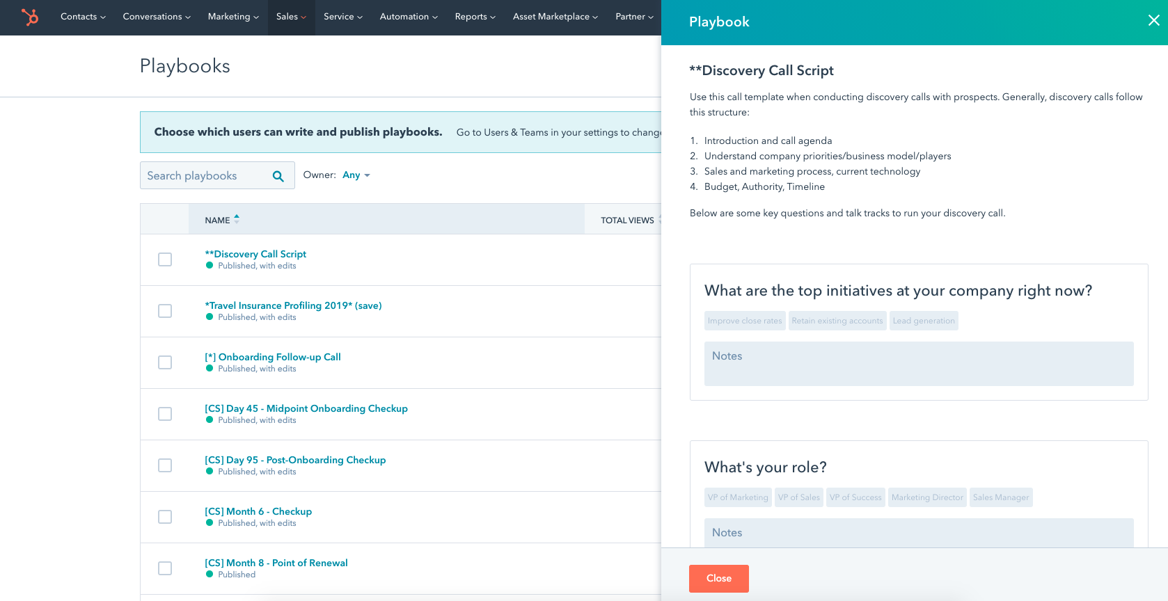 HubSpot playbooks interface showing notes options