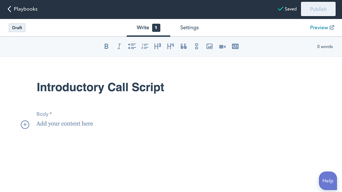 HubSpot playbooks showing options to edit text