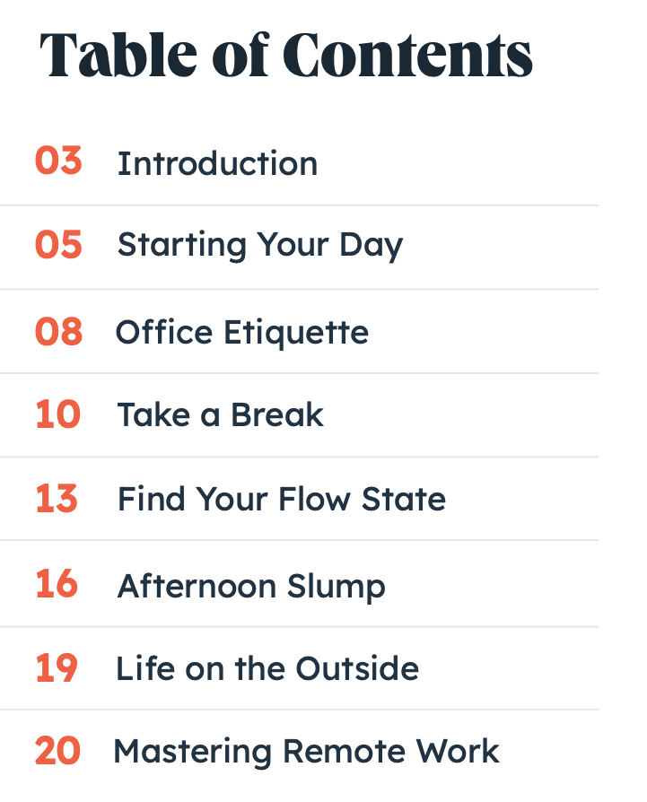 Productivity Guide Table of Contents