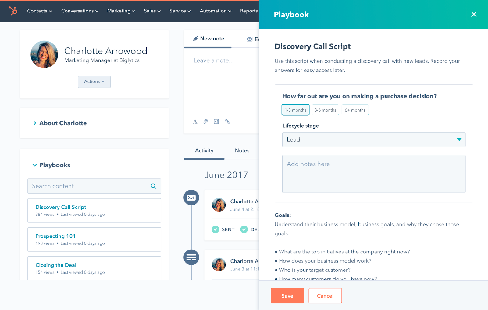 HubSpot playbooks interface in the HubSpot CRM platform