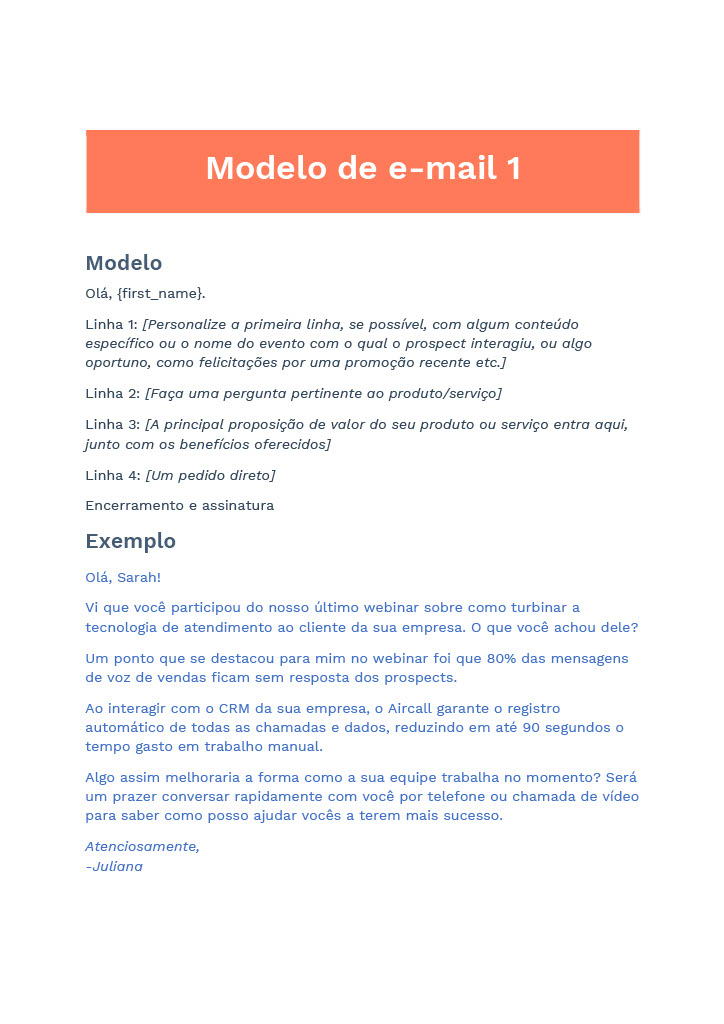 Modelo de cadencia de vendas - modelo de e-mail